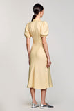 Robe Midi Jaune Satin Trapèze Revers Cranté