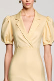 Robe Midi Jaune Satin Trapèze Revers Cranté
