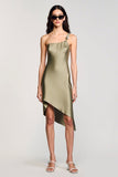 Robe Court Olive Satin Trapèze Une Épaule