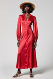 Robe Rouge Longue Satin Trapèze Avec Col