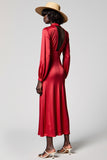 Robe Rouge Longue Satin Trapèze Avec Col