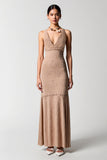 Robe Longue Rose Du Désert Dentelle Fourreau Col V