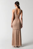 Robe Longue Rose Du Désert Dentelle Fourreau Col V