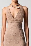 Robe Longue Rose Du Désert Dentelle Fourreau Col V