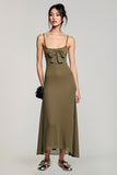 Robe Longue Olive Tulle Trapèze Bretelles Spaghetti