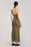 Robe Longue Olive Tulle Trapèze Bretelles Spaghetti