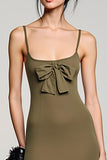 Robe Longue Olive Tulle Trapèze Bretelles Spaghetti