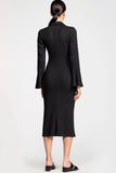 Robe Midi Noir Satin Fourreau Avec Col
