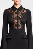Robe Midi Noir Satin Fourreau Avec Col