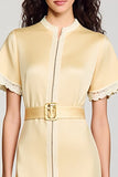 Robe Midi Abricot Satin Trapèze Ras De Cou