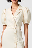 Robe Midi Trapèze Ivoire Satin Revers Cranté