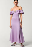 Robe Longue Violet Satin Trapèze Épaule Dénudée