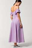Robe Longue Violet Satin Trapèze Épaule Dénudée