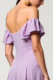 Robe Longue Violet Satin Trapèze Épaule Dénudée