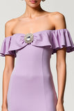 Robe Longue Violet Satin Trapèze Épaule Dénudée