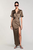 Robe Longue Olive Satin Trapèze Revers Cranté
