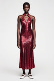 Robe Longue Rouge Foncé Paillette Fourreau Licou