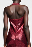 Robe Longue Rouge Foncé Paillette Fourreau Licou