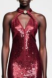 Robe Longue Rouge Foncé Paillette Fourreau Licou