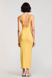 Robe Longue Jaune Satin Fourreau Col V