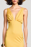 Robe Longue Jaune Satin Fourreau Col V