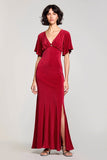 Robe Rouge Longue Satin Fourreau Col V