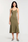 Robe Midi Olive Satin Trapèze Bretelles Spaghetti