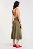 Robe Midi Olive Satin Trapèze Bretelles Spaghetti