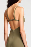 Robe Midi Olive Satin Trapèze Bretelles Spaghetti