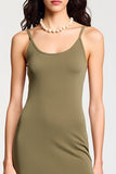 Robe Midi Olive Satin Trapèze Bretelles Spaghetti