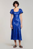 Robe Longue Bleu Royal Imprimer Trapèze Col Carré