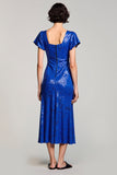 Robe Longue Bleu Royal Imprimer Trapèze Col Carré