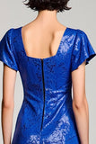 Robe Longue Bleu Royal Imprimer Trapèze Col Carré