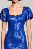 Robe Longue Bleu Royal Imprimer Trapèze Col Carré