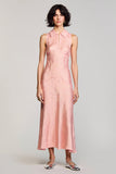 Robe Longue Dentelle Trapèze Rose Avec Col