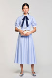 Robe Longue Bleu Trapèze Avec Col