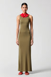 Robe Longue Olive Satin Fourreau Ras De Cou