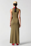 Robe Longue Olive Satin Fourreau Ras De Cou