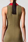 Robe Longue Olive Satin Fourreau Ras De Cou