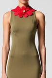 Robe Longue Olive Satin Fourreau Ras De Cou