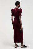 Robe Longue Rouge Foncé Velours Fourreau Ras De Cou