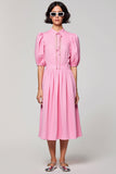 Robe Midi Rose Satin Trapèze Col Montant