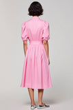 Robe Midi Rose Satin Trapèze Col Montant