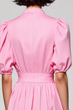 Robe Midi Rose Satin Trapèze Col Montant