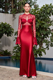 Robe Rouge Longue Satin Fourreau Ras De Cou