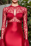 Robe Rouge Longue Satin Fourreau Ras De Cou