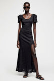 Robe Longue Noir Trapèze Dentelle Ras De Cou