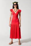Robe Longue Satin Rouge Trapèze Col V