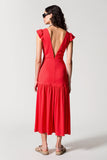 Robe Longue Satin Rouge Trapèze Col V