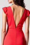 Robe Longue Satin Rouge Trapèze Col V